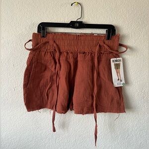 Rewash Women's High Waist Brown Cotton Gauze Shorts